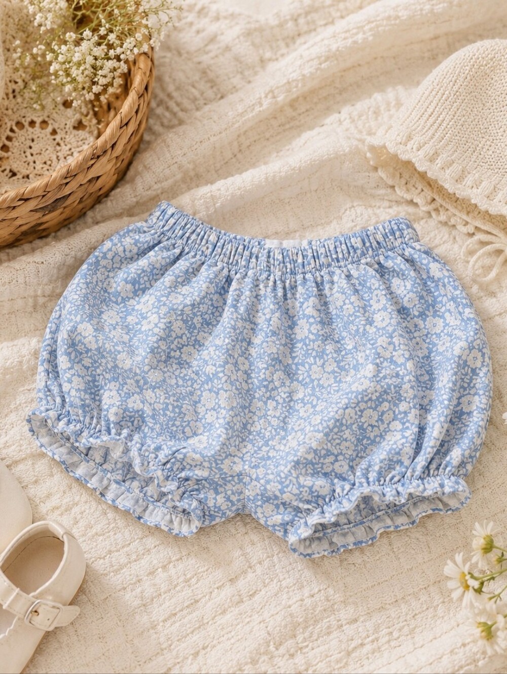 Vintage-Inspired Blue Floral Diaper Cover Bloomers | 9M | 100% Cotton